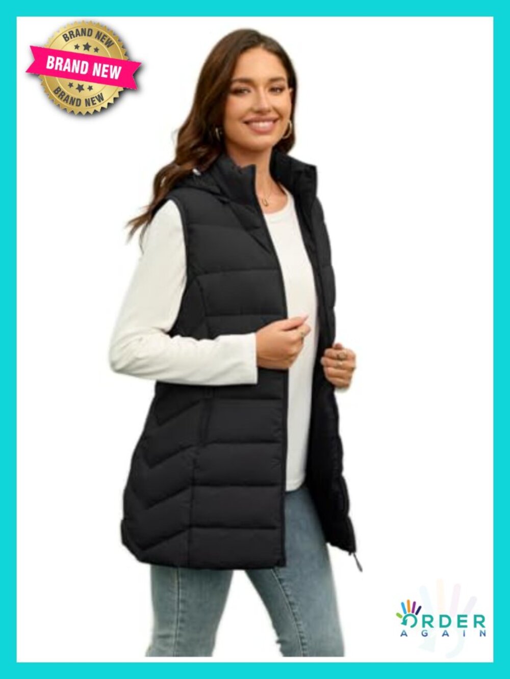 Long Puffer Vest with Hood Lightweight Sleeveless Packable for Spring Fall